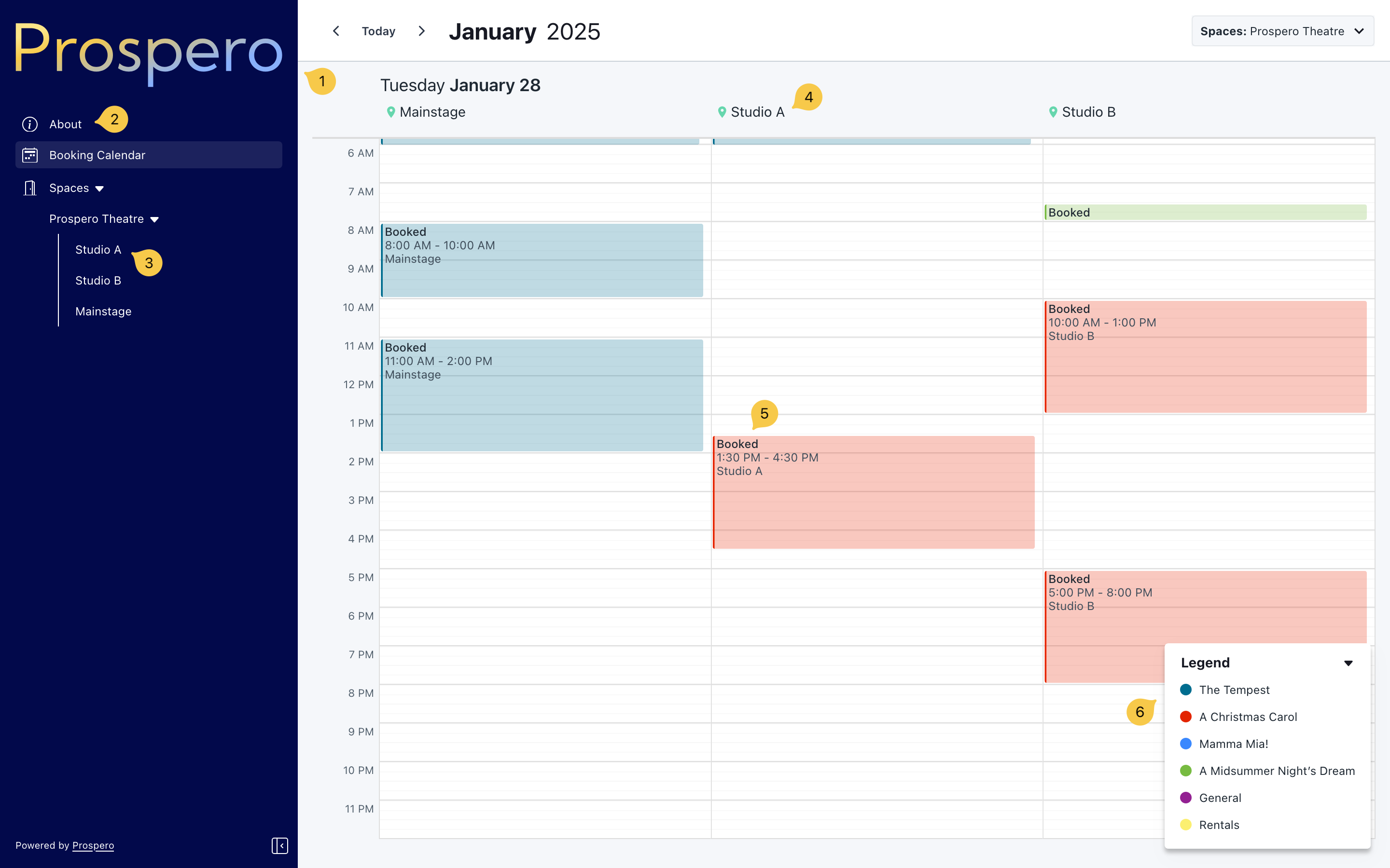 Screenshot of the Prospero app, showcasing the booking portal that bookers can access.  The calendar is split into columns representing locations.