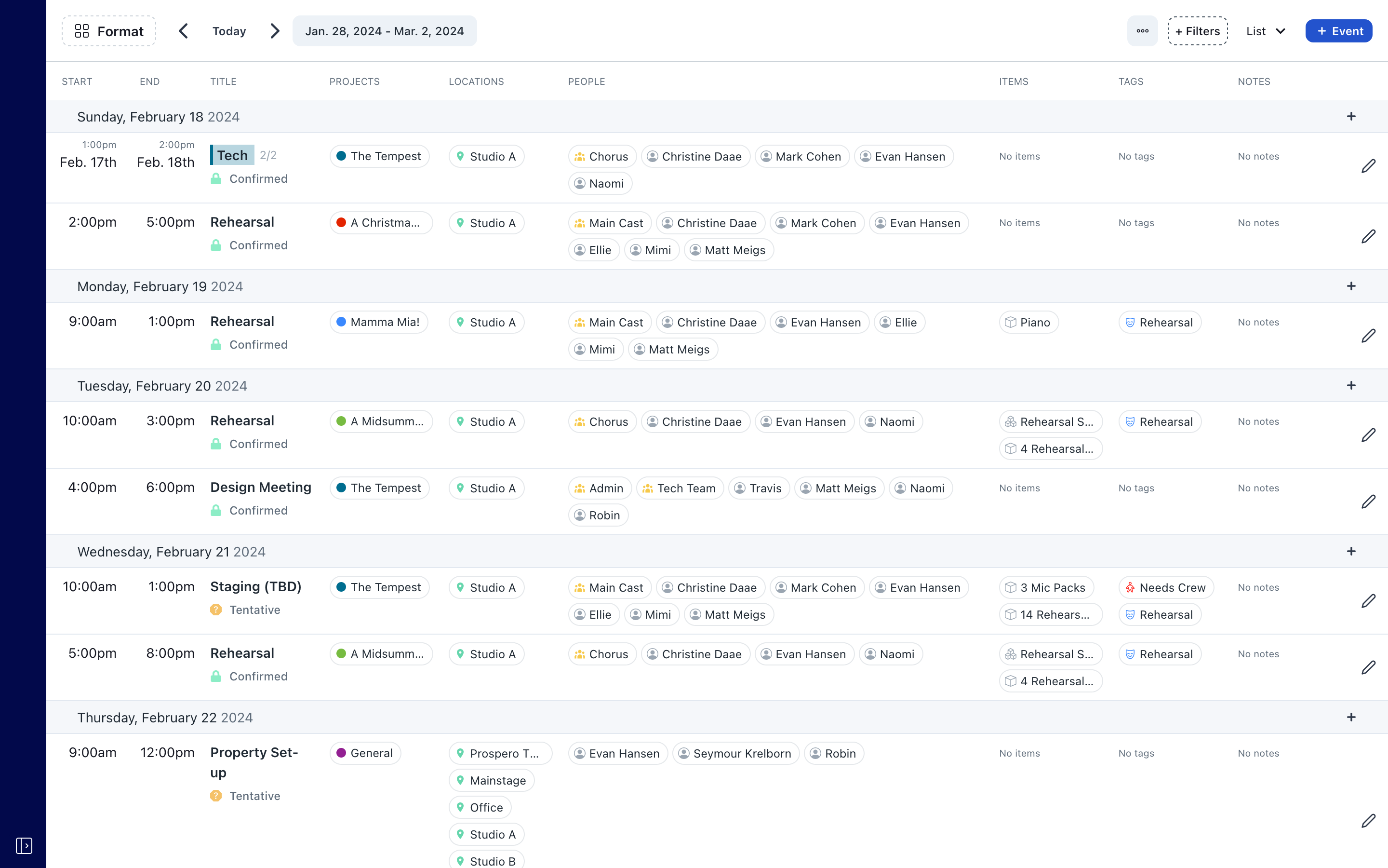 Screenshot of Prospero's list layout