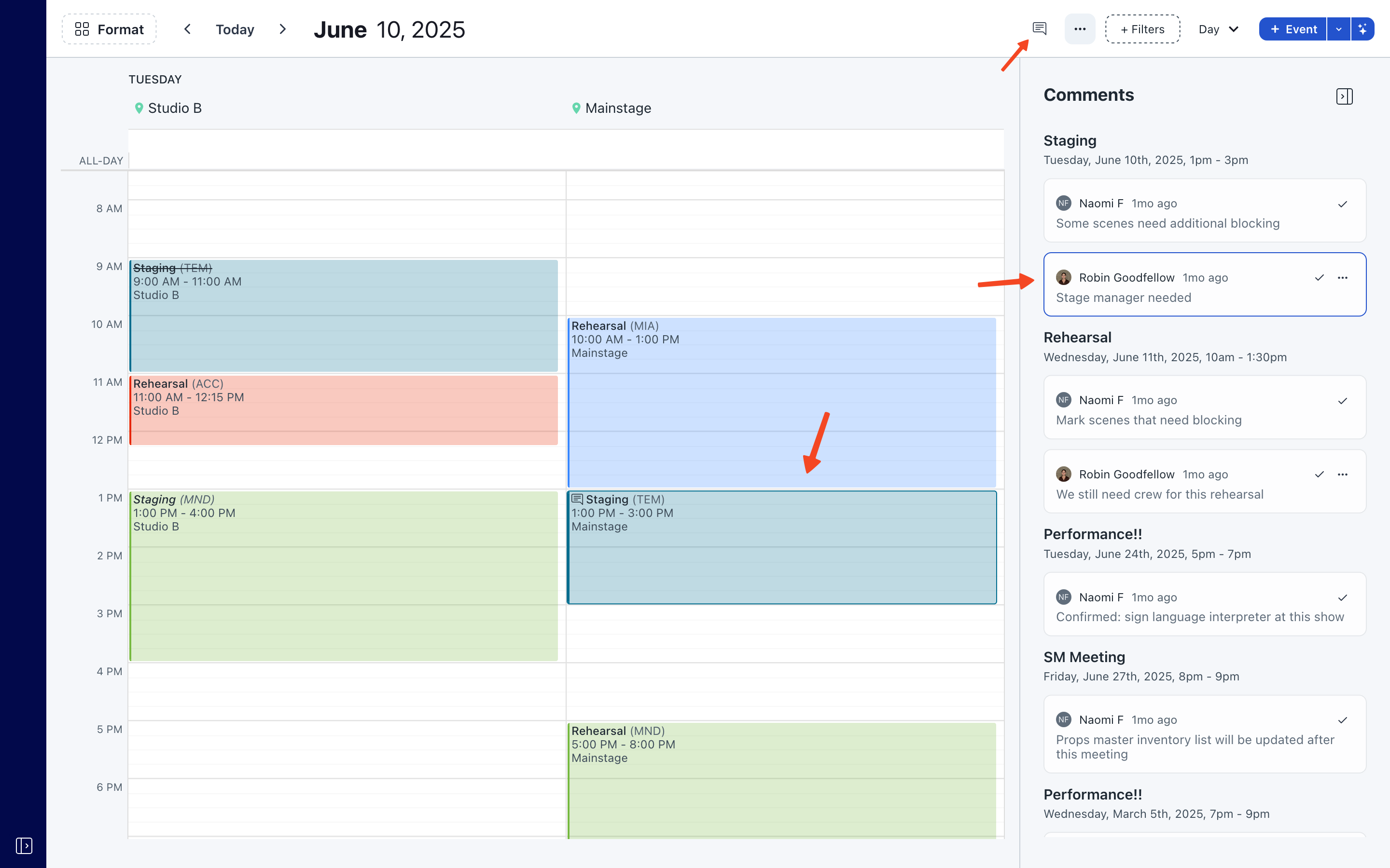 Screenshot of the Prospero app.  A sidebar is visible on the right with a list of comments.  Arrows point to a highlighted comment and the corresponding highlighted event.