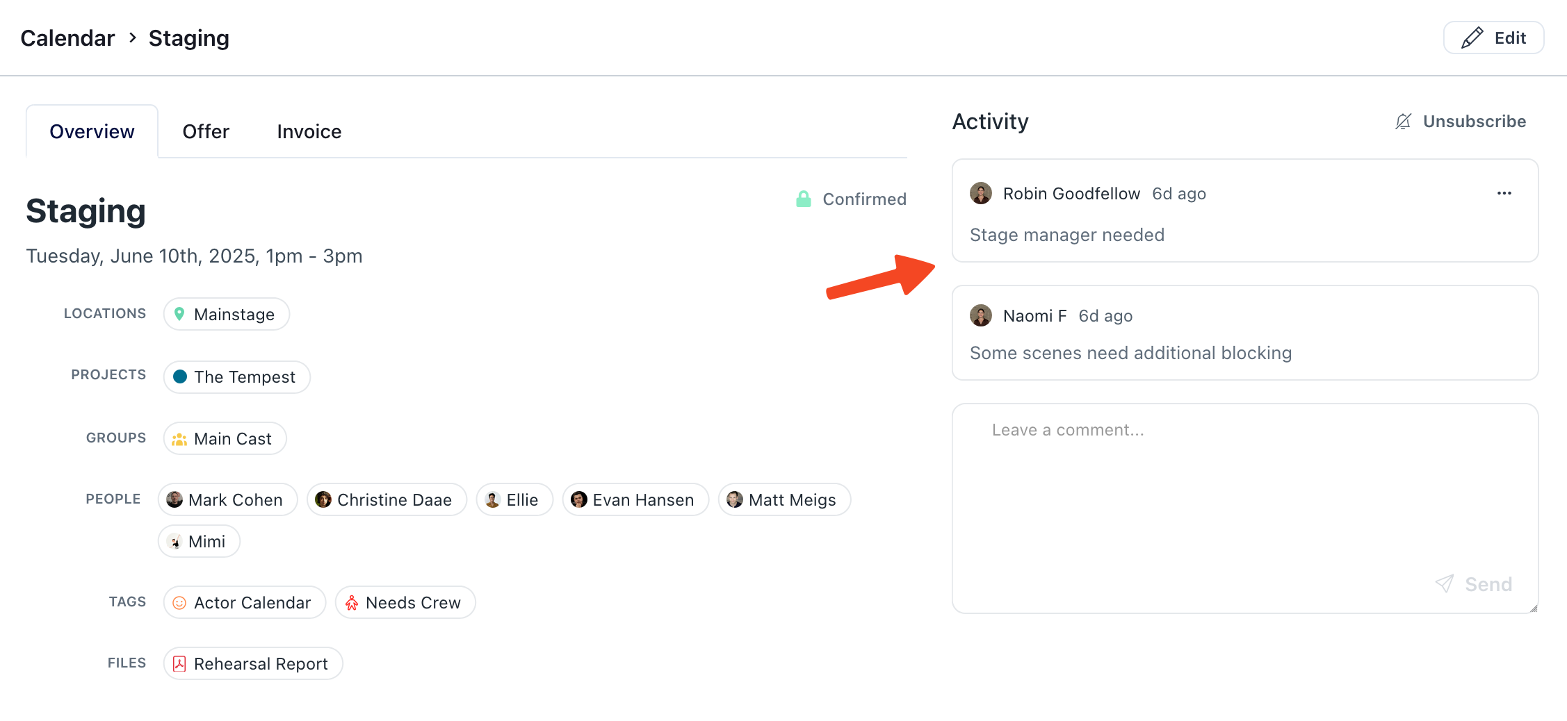 Screenshot of the Prospero app, showing an event's resources on the left and an activity stream of comments on the right.  An arrow is pointing to a recent comment.