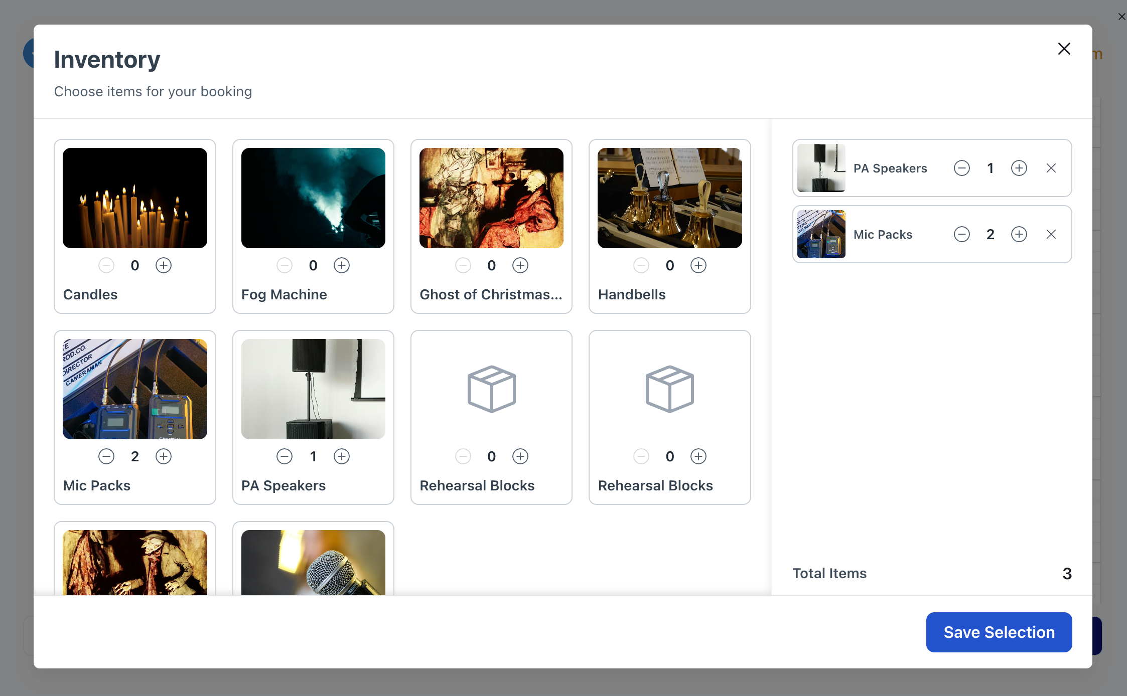 Screenshot of items available to reserve on booking form