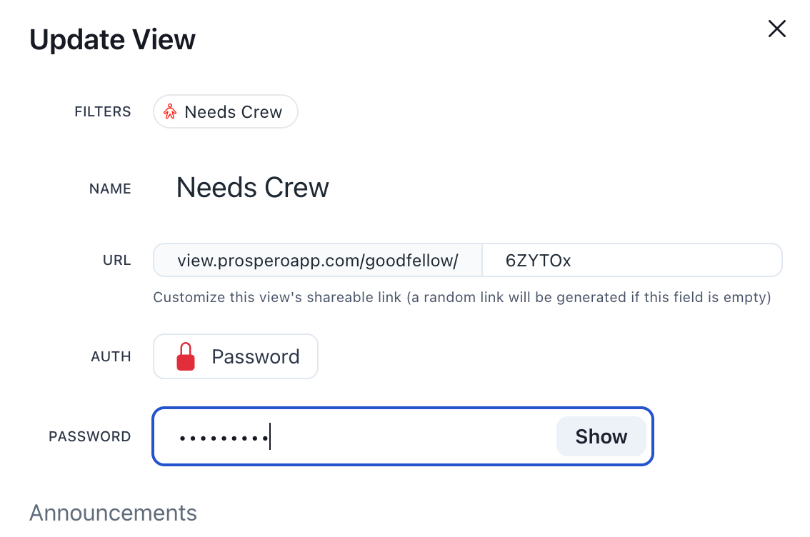 Screenshot of adding a password to a view link