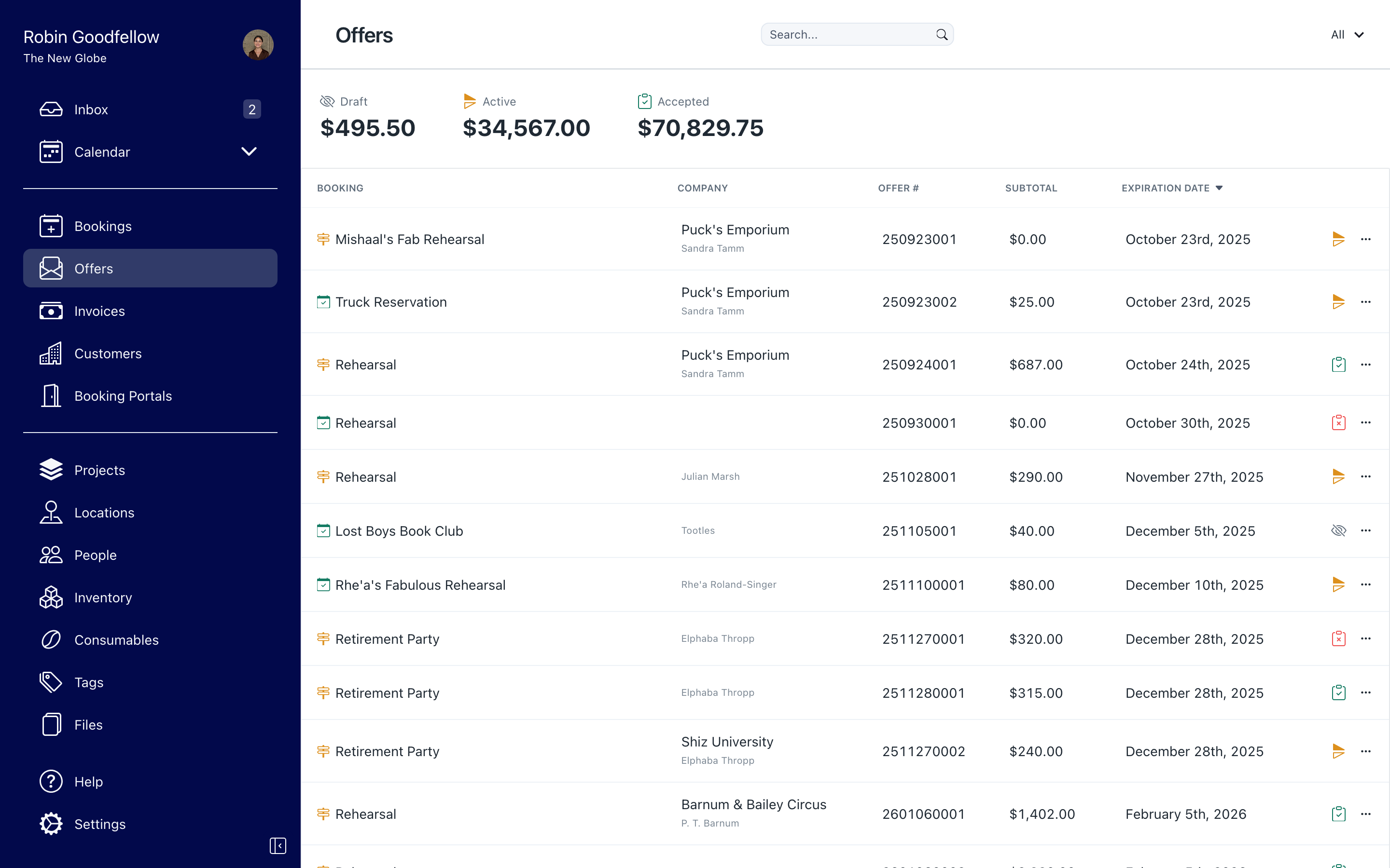 Screenshot of Prospero's offers page, including a table of offers, search tools, and an overview of total value of draft, active, and accepted offers.