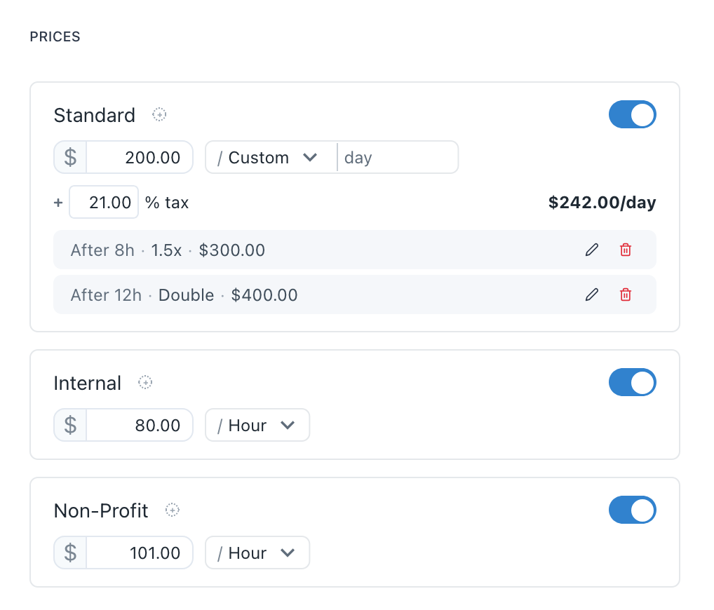 Screenshot of Prospero resource rate editor, including rates for each price tier, tax settings, and overtime rates.
