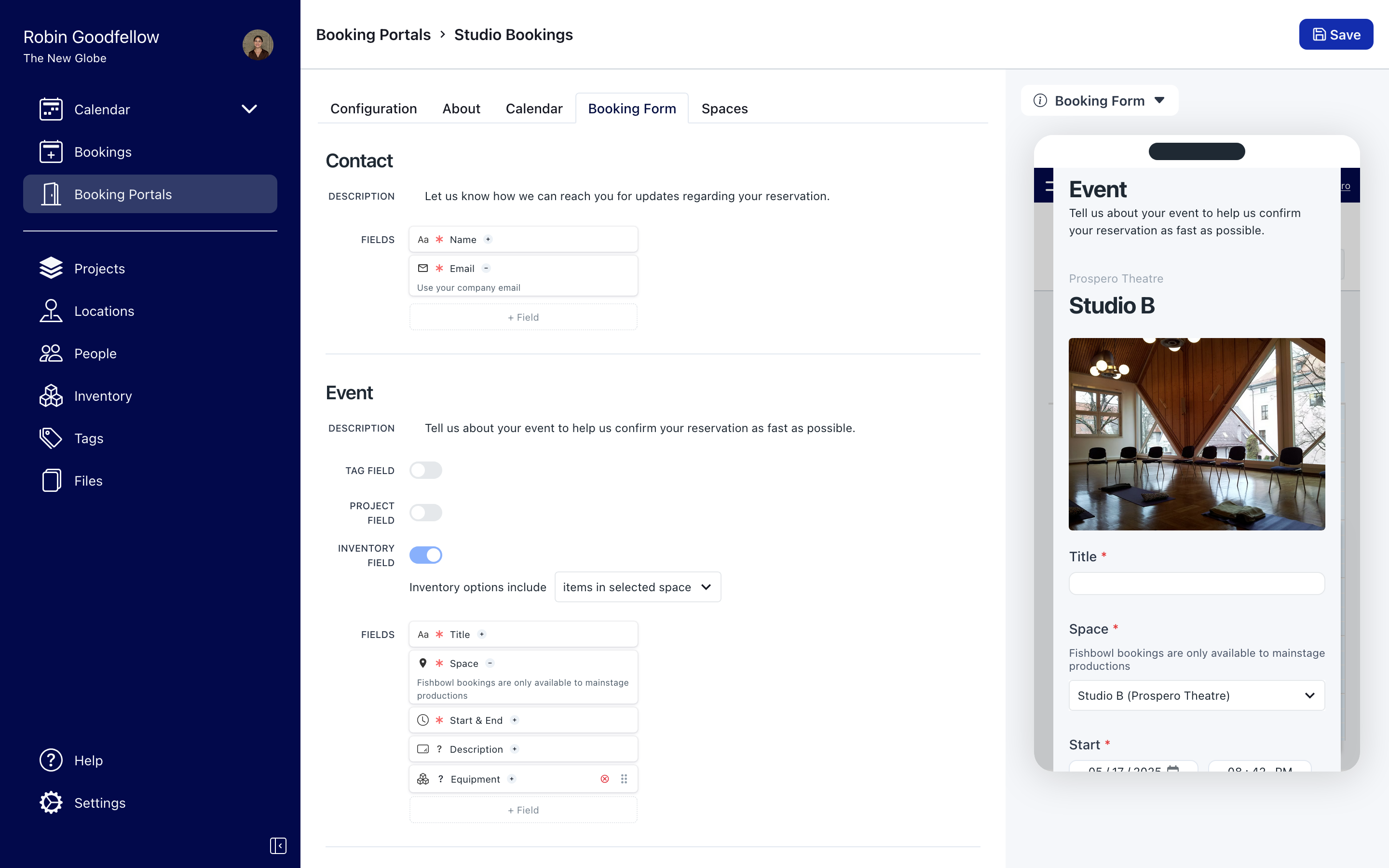 A screenshot of the booking form editor in the Prospero app.  A preview of the booking form is visible on the right side of the screen, with the left side displaying a drag and drop interface to build custom fields
