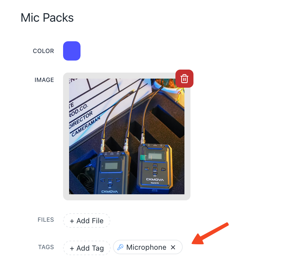 Screenshot of the item editor in Prospero. An arrow is pointing to the tag "Microphone" in the editor.