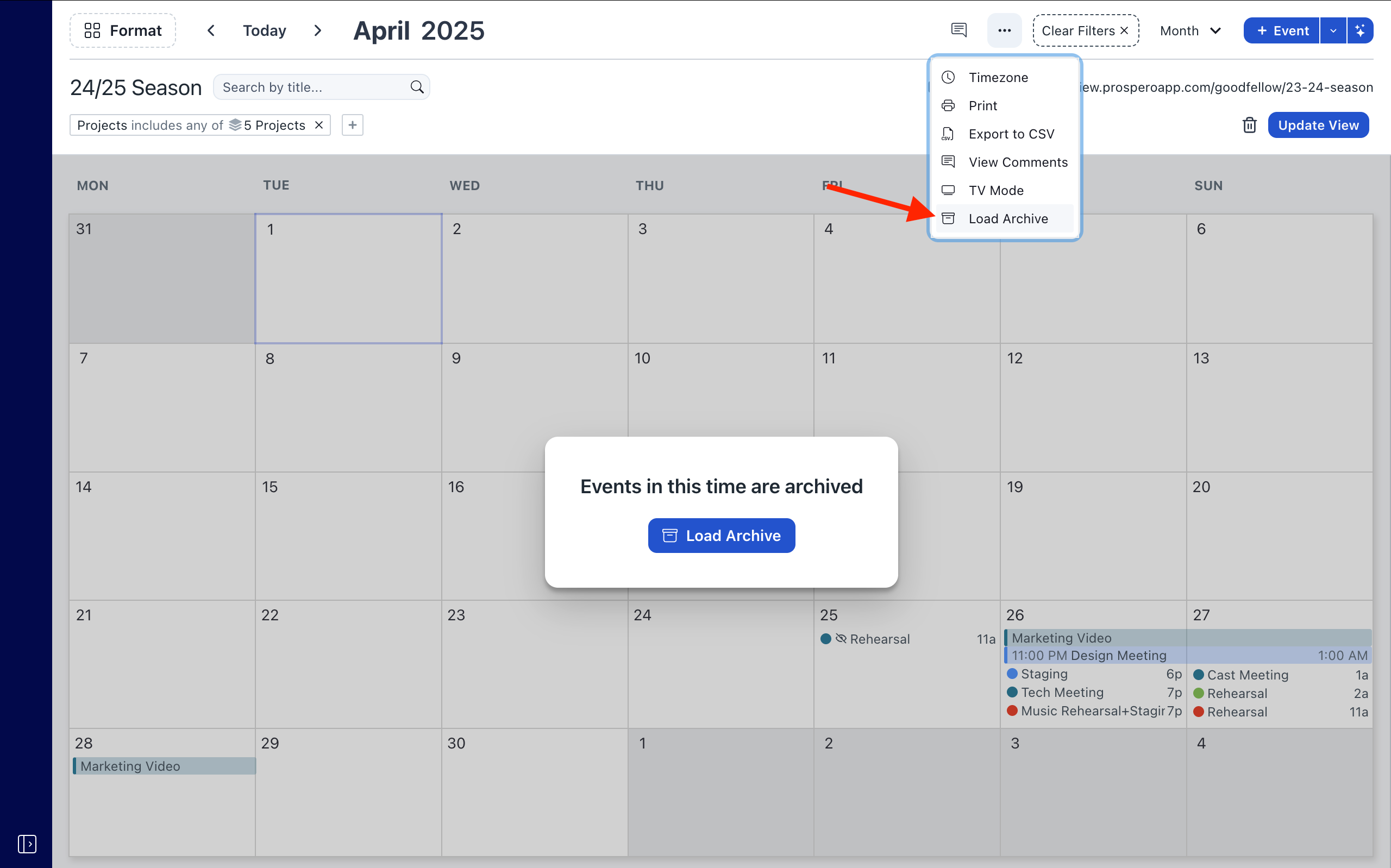 Screensho of calendar with a prompt to load archived events