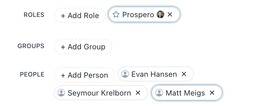 A screenshot of the Prospero event editor with an outline around the "Prospero" role and the person "Matt Meigs," showing they are connected.