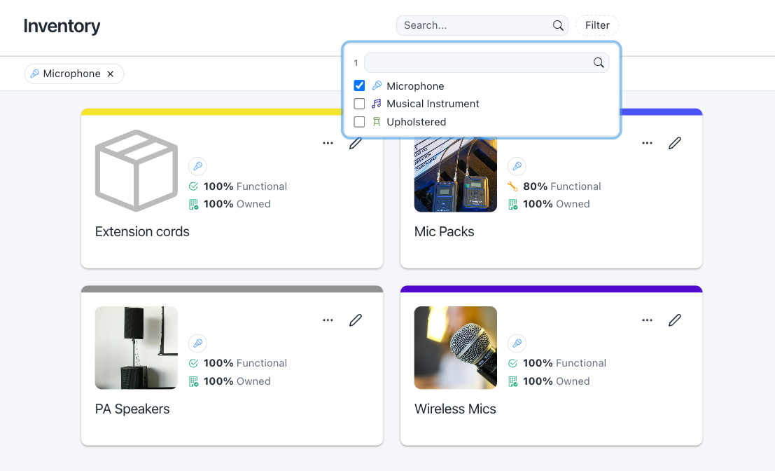 Screenshot of the results of searching for the microphone inventory tag in the inventory tag