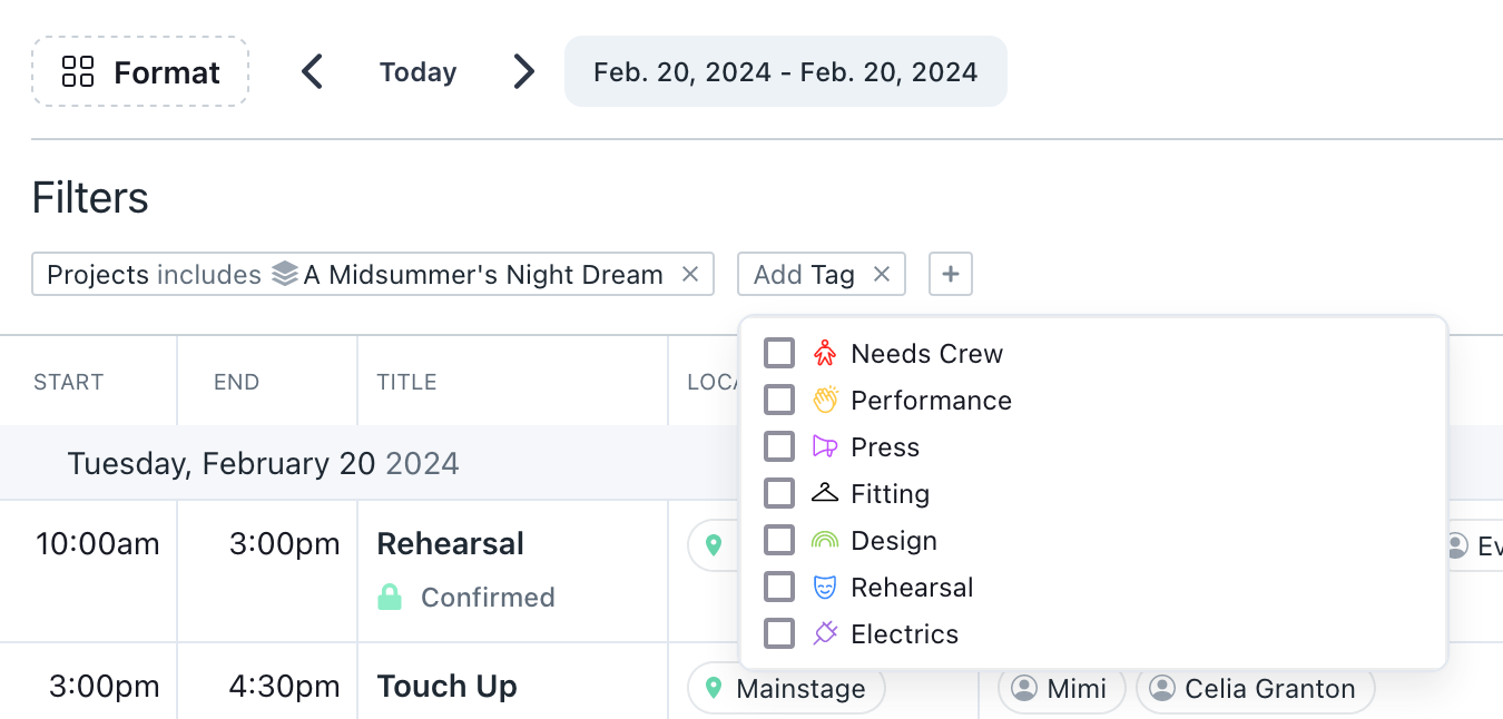 Screenshot of Prospero app with a project filter selected and tag filter menu open