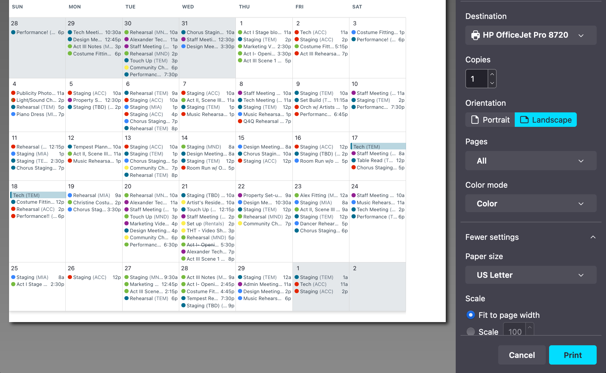 Screenshot of native browser print dialogue. The document to be printed is a month calendar