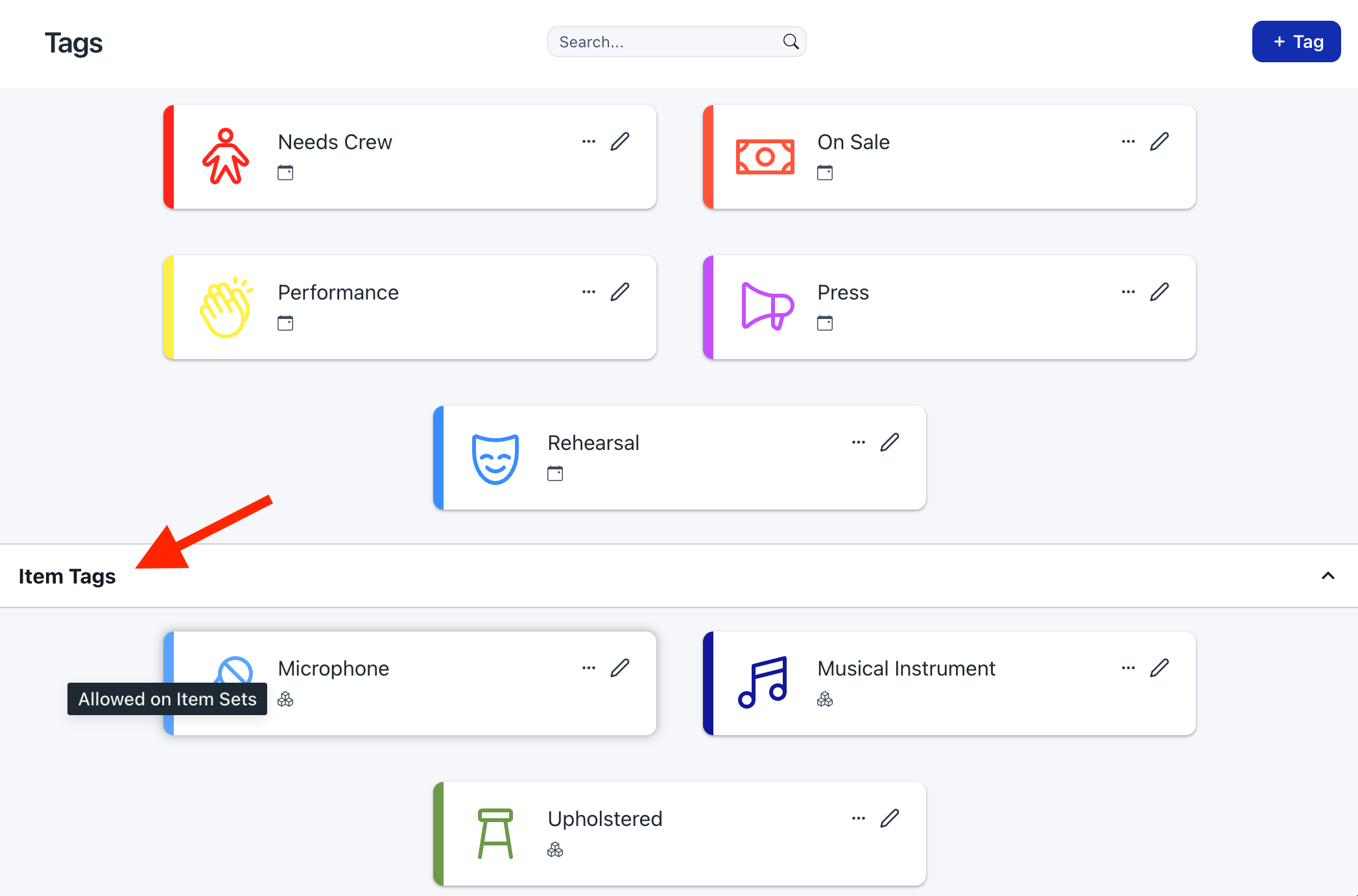 Screenshot of the tags page with an arrow emphasizing item tags