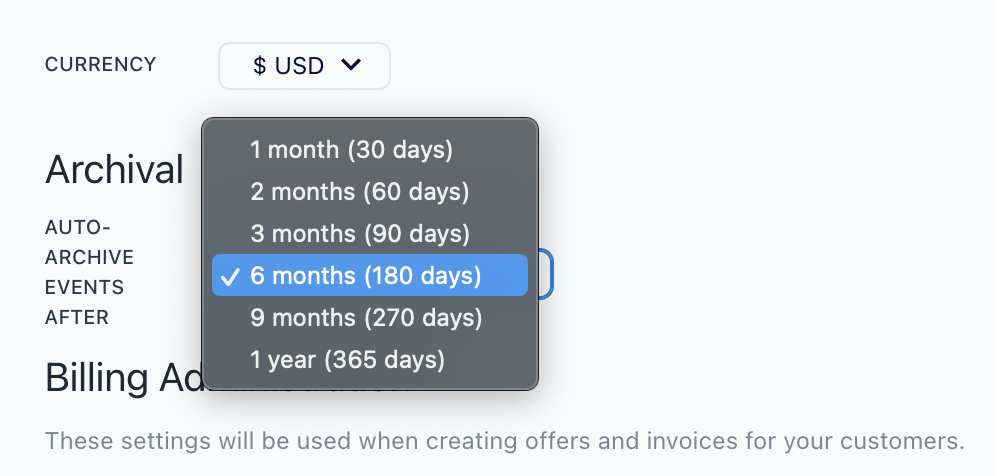 Screenshot of the time period options for when to archive events