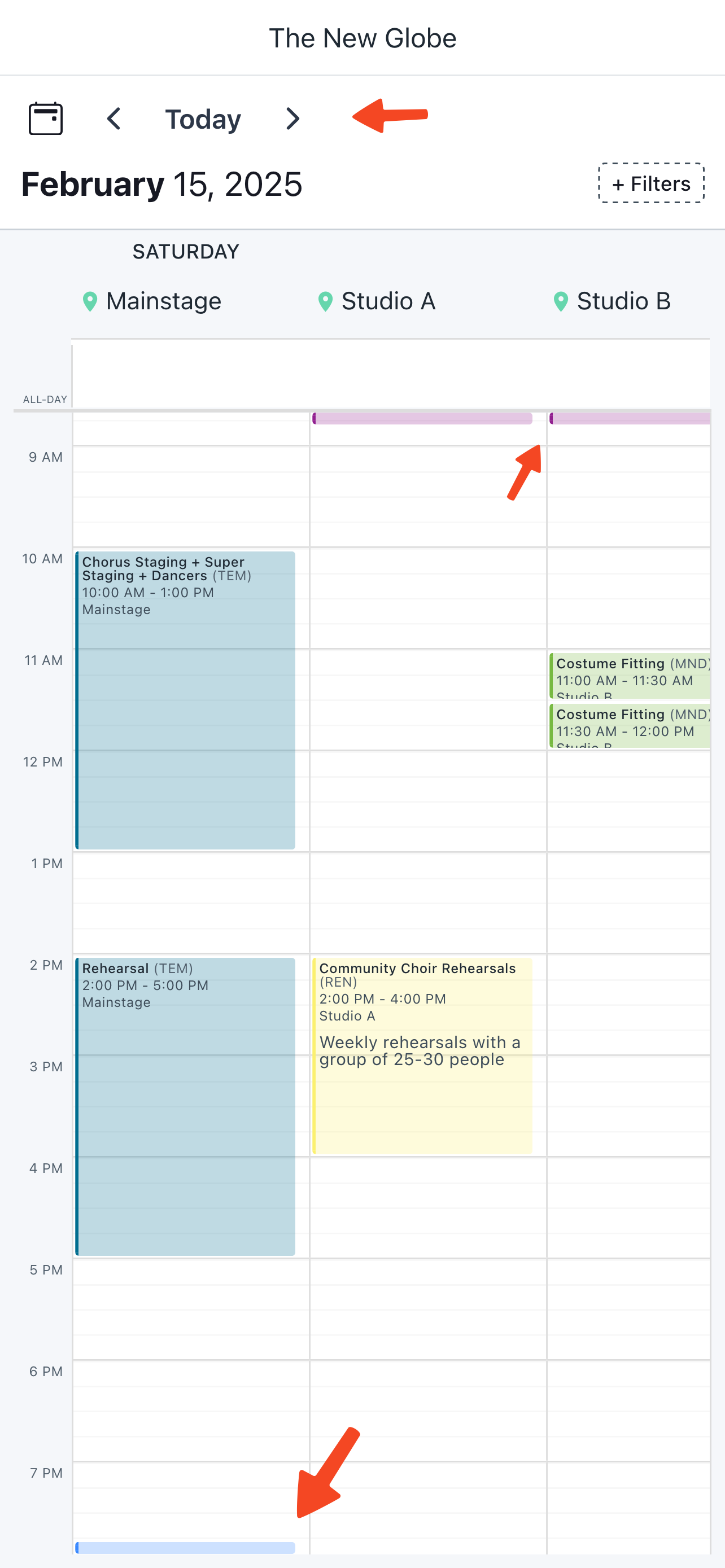 Screenshot of a Prospero view link with arrows pointing to new header controls and "sticky" events at the top and bottom of the calendar