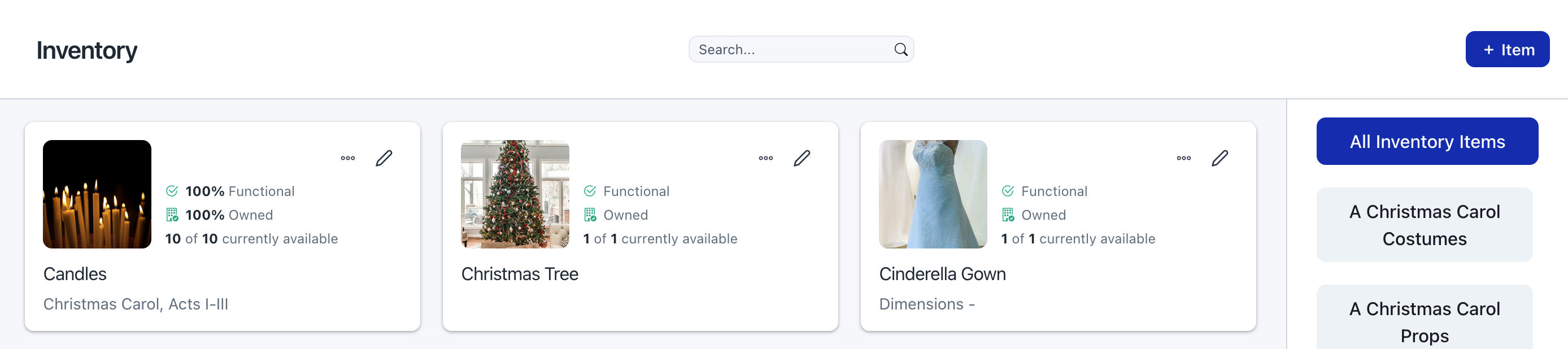 Screenshot of Prospero app Inventory page with a search bar at the top-center of the header