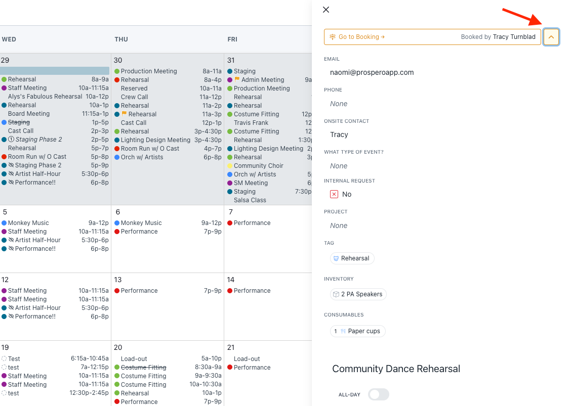 Screenshot of booking event editor displaying full booking field details