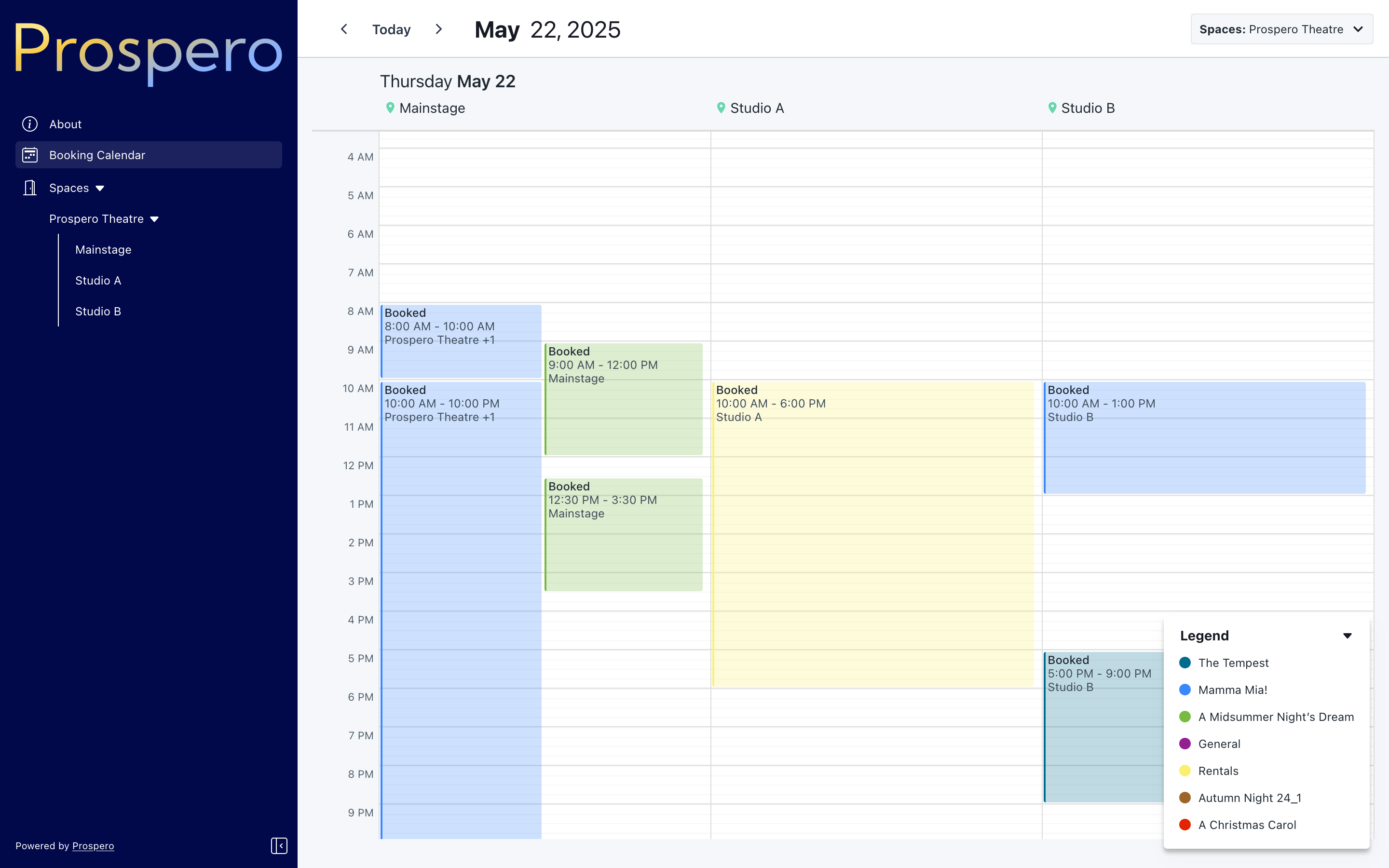 A screenshot of a Prospero booking portal displaying a calendar in day layout with a column for each bookable space