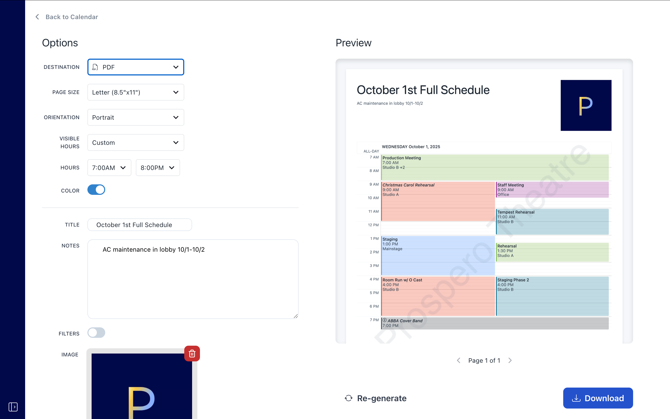 Screenshot of exporting a day schedule in the PDF editor