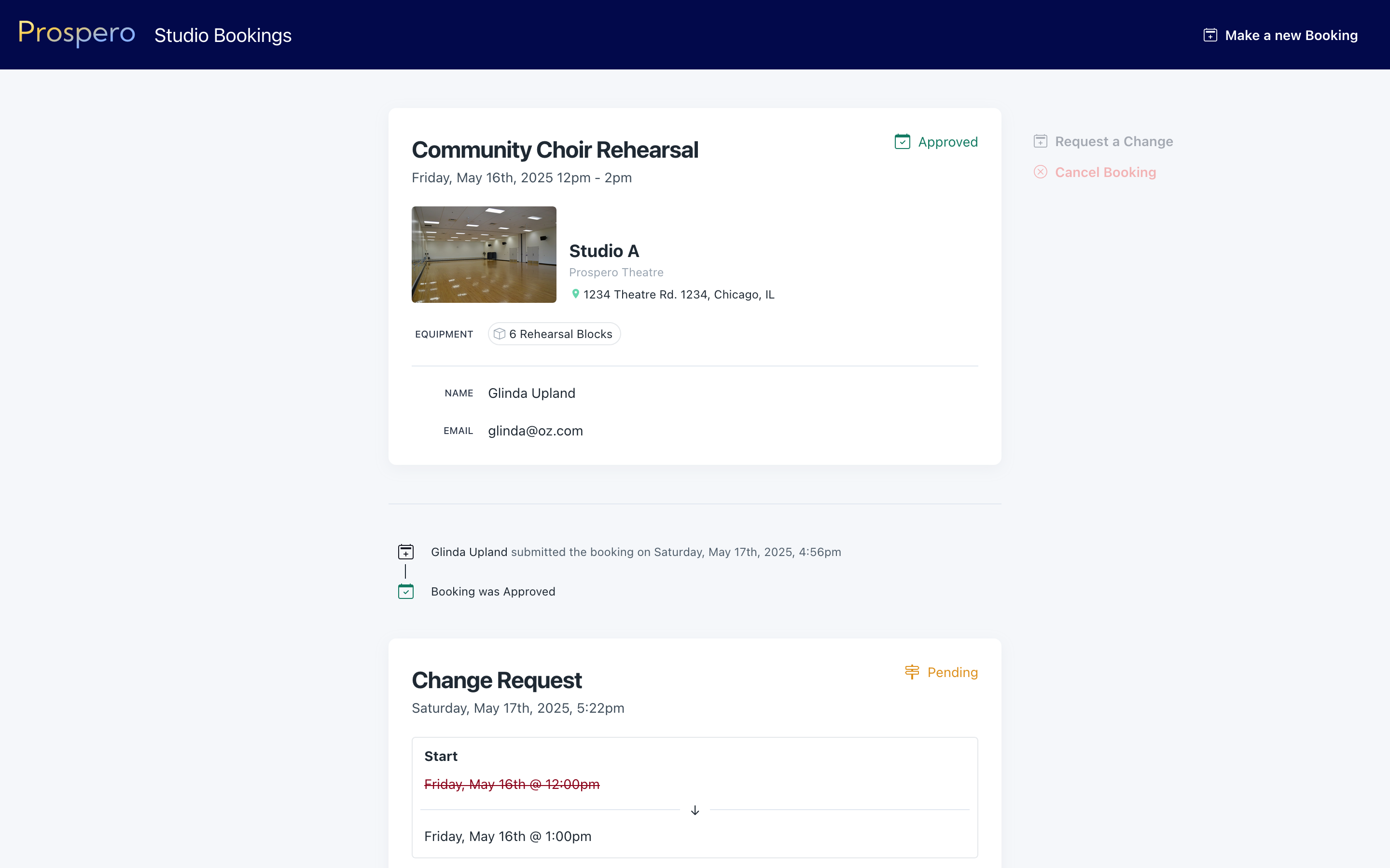 Screenshot of the Prospero booking management page.  Booking information is highlighted in the center with buttons to change or cancel the booking.