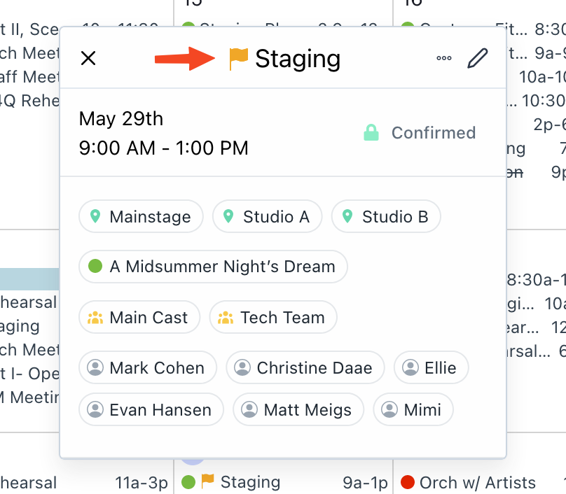 Screenshot of Prospero event popup with flag icon to the left of the event title