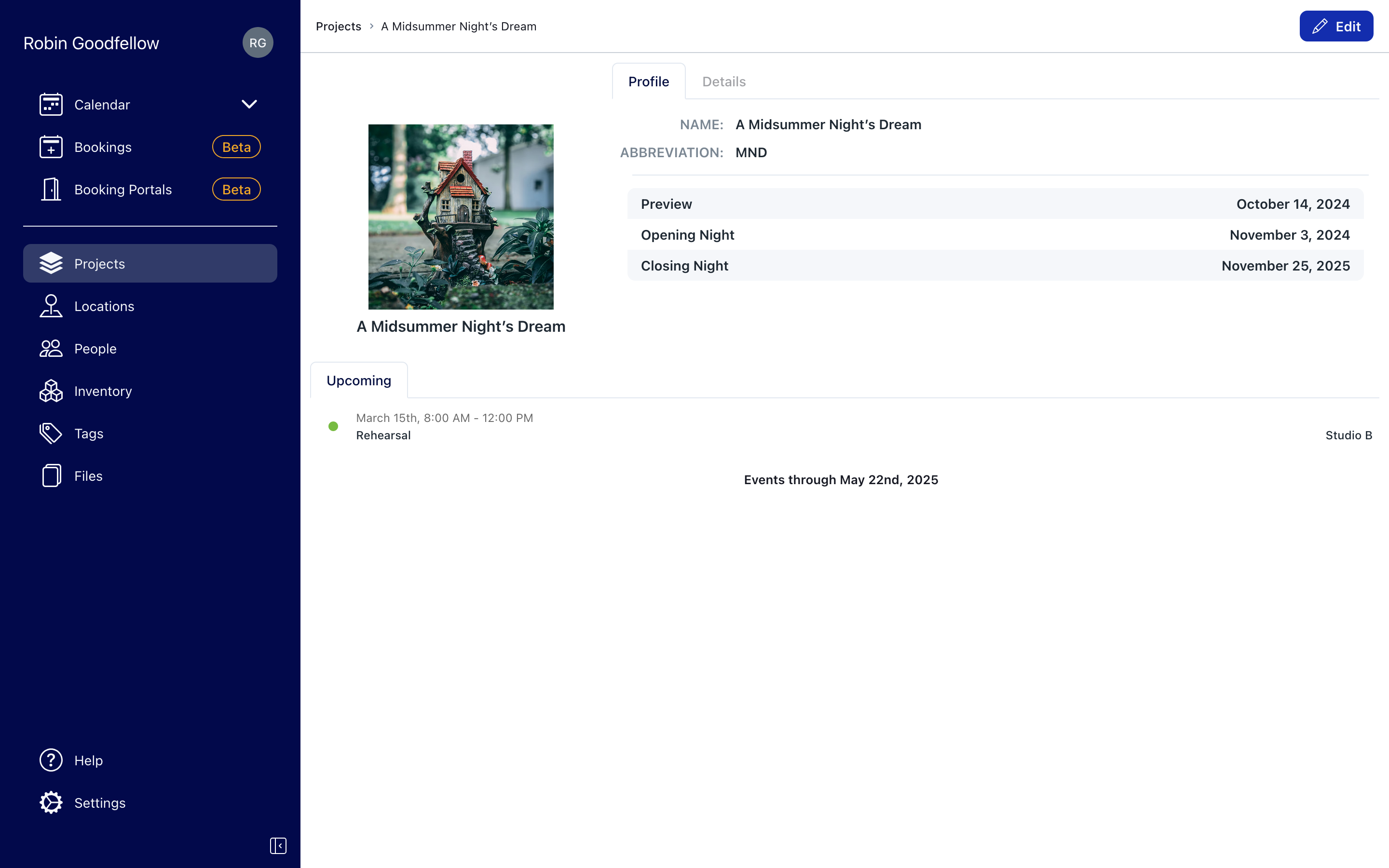 Screenshot of the Prospero app showing a project resource page, including project properties and a list of upcoming events in the next three months.