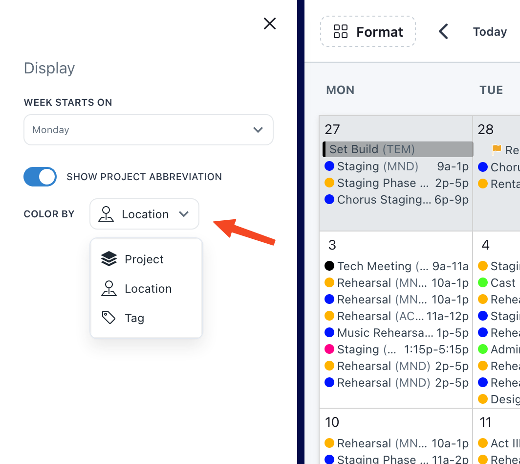 A screenshot of the Prospero app with an arrow pointing to the "Color By" format option. The events on the calendar are color-coded based on their location.