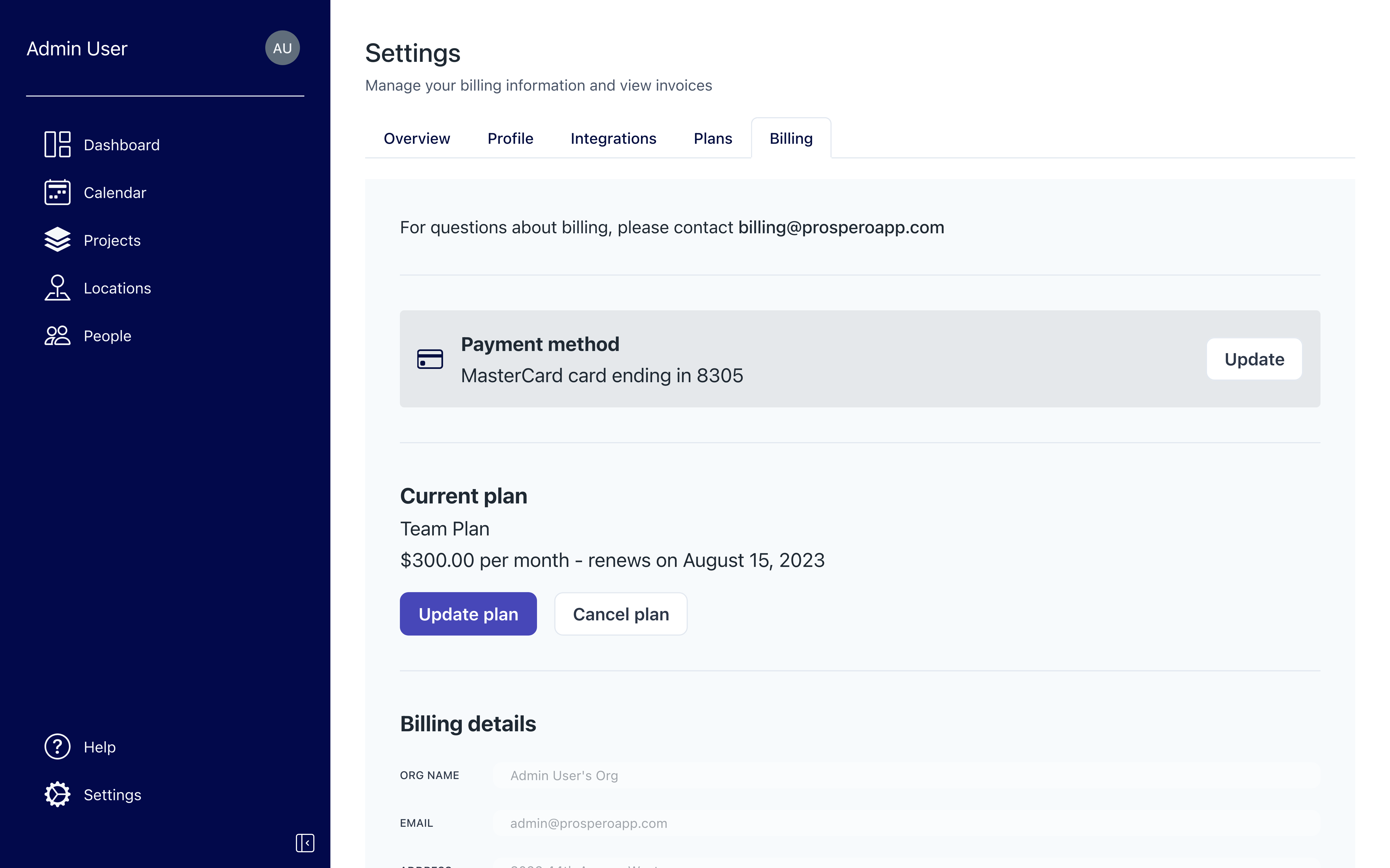 Billing Settings Screenshot