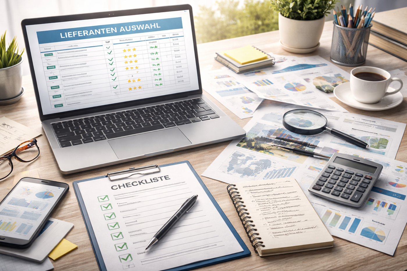 Analytischer Arbeitsplatz mit Checkliste zur Lieferantenauswahl.