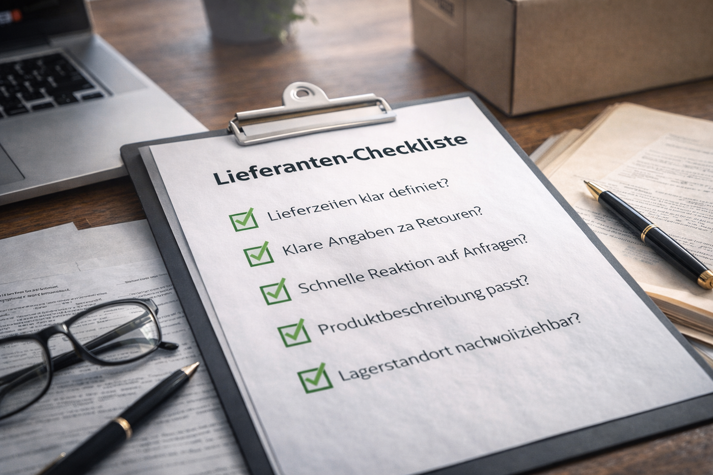 Checkliste zur Auswahl zuverlässiger Dropshipping-Lieferanten mit Laptop, Dokumenten und strukturierter Arbeitsumgebung