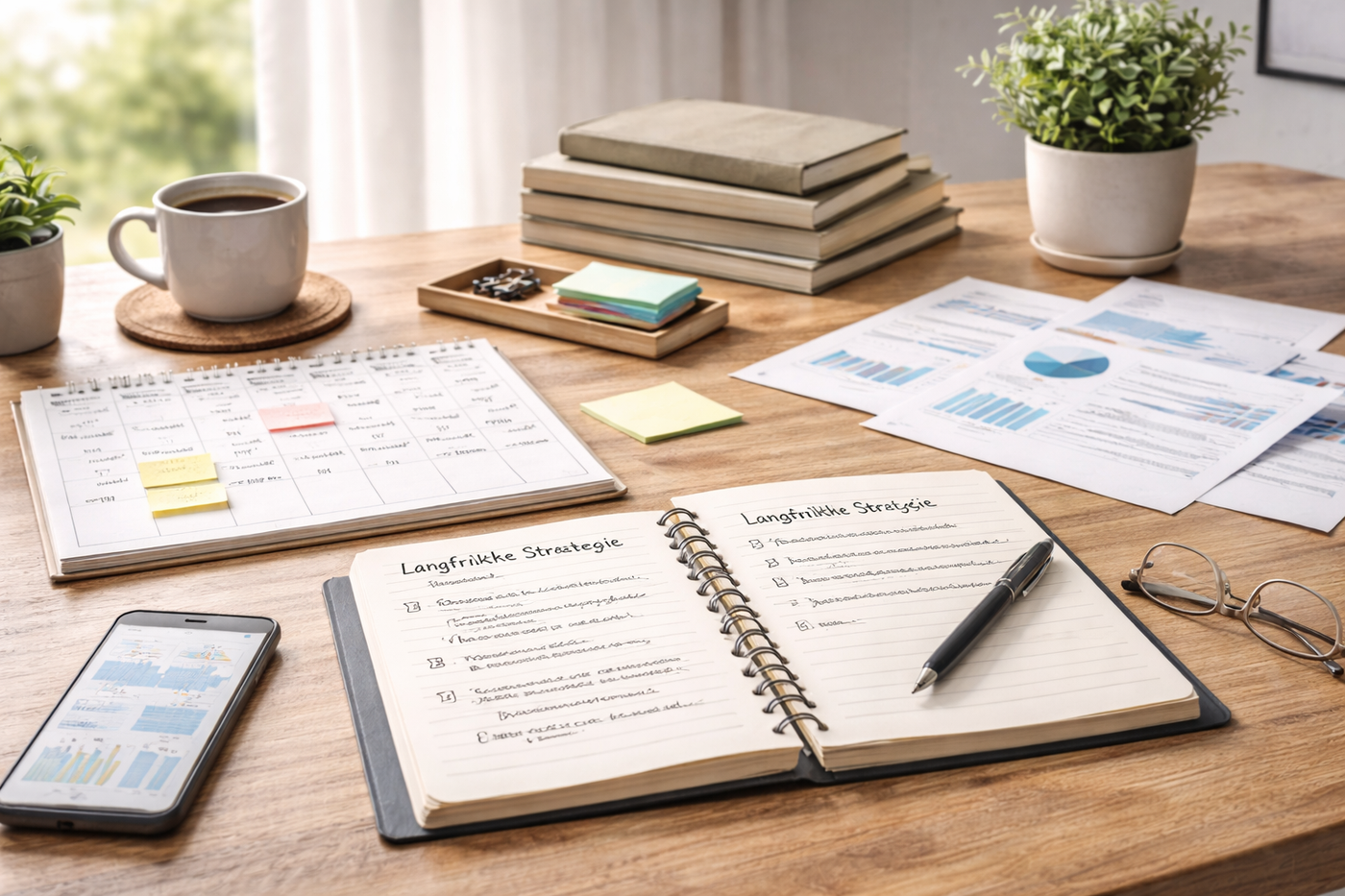 Ruhiger Arbeitsplatz mit Notizen für langfristige strategische Planung.