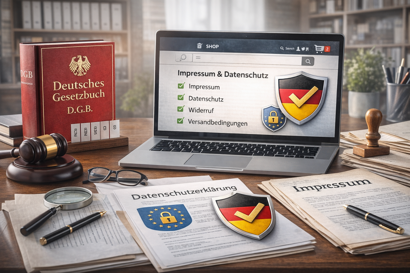 Rechtssicherer Dropshipping-Shop in Deutschland mit Laptop, Vertragsdokumenten und Fokus auf DSGVO und Impressum