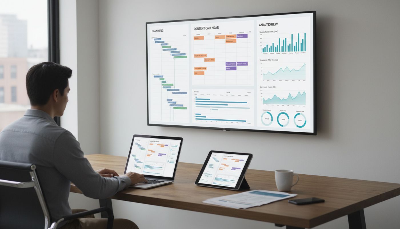 Mann am Schreibtisch mit Laptop und großem Monitor mit Daten-Dashboards.