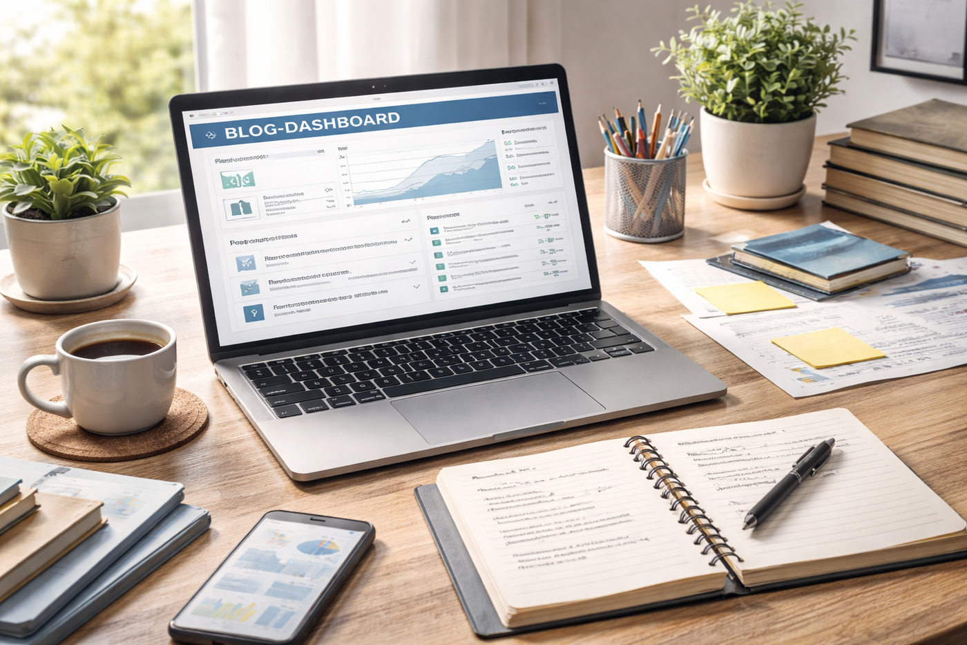 Ruhiger Arbeitsplatz mit Blog-Dashboard für langsamen, strukturierten Aufbau.