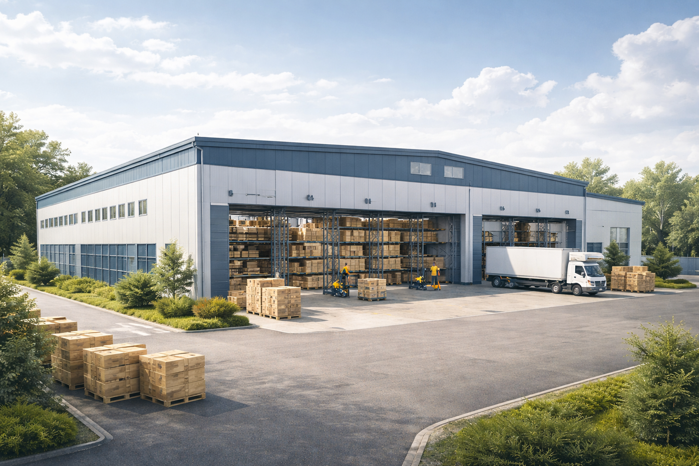 Moderne EU-Lagerhalle bzw. Fulfillment-Zentrum ohne Branding.