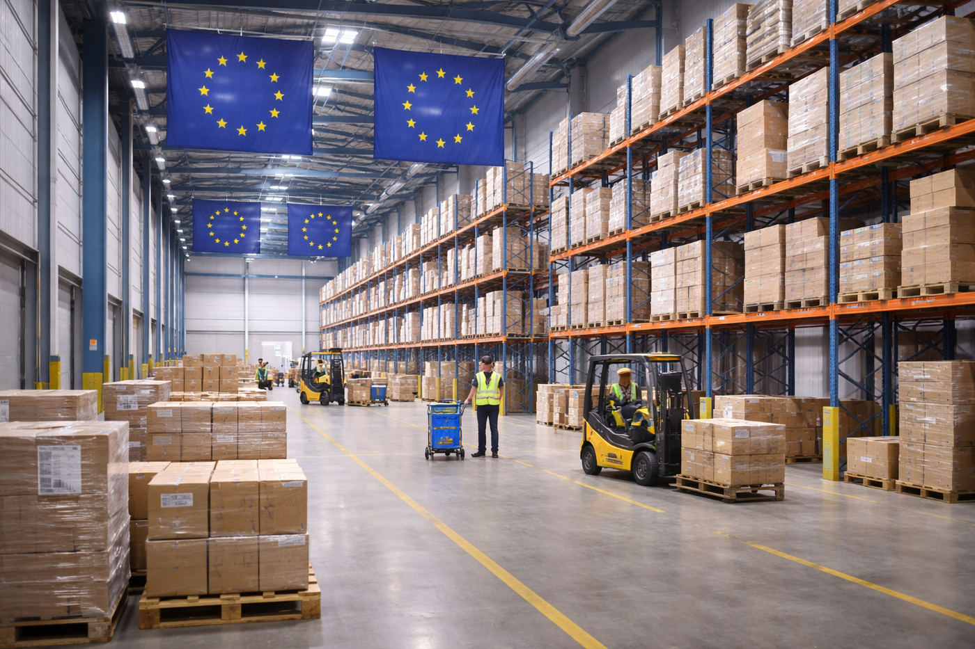 EU-Lagerhalle mit sachlichem Industrie-Look und geordneter Logistik.