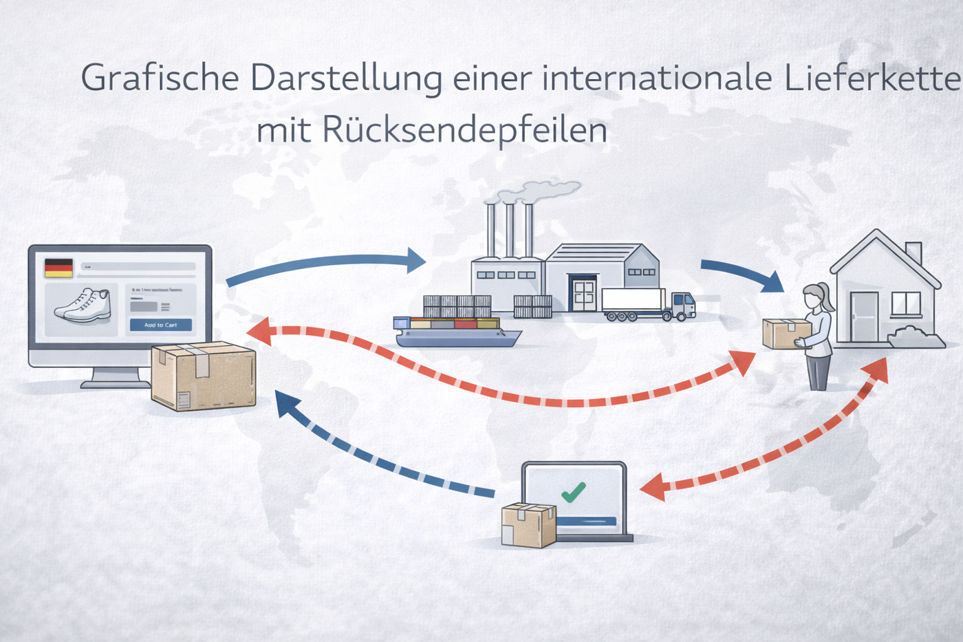 Grafische Darstellung einer internationalen Lieferkette mit Rücksendepfeilen.