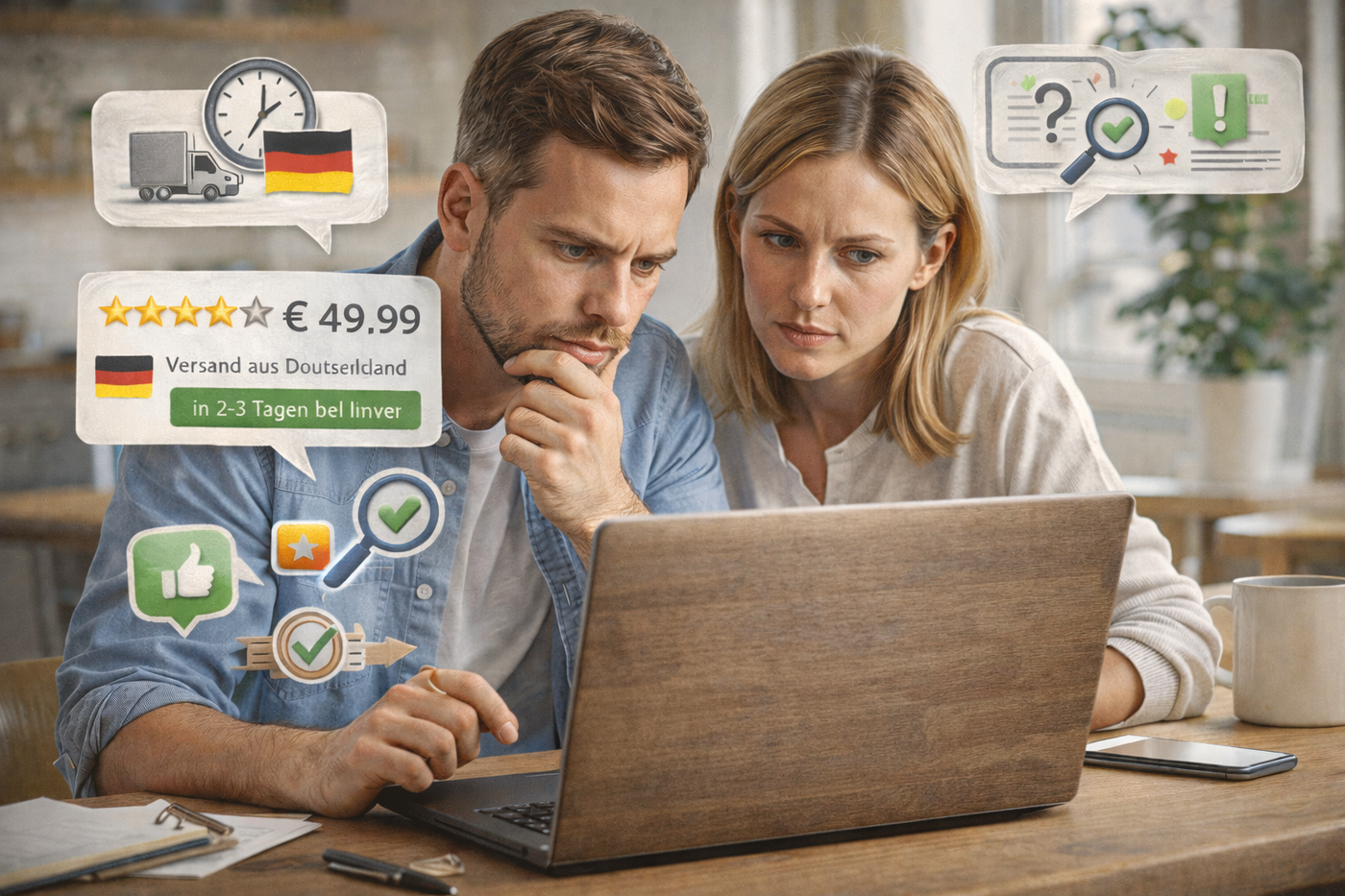 Deutsche Kunden prüfen Produktvergleich und Lieferangaben beim Online-Kauf.
