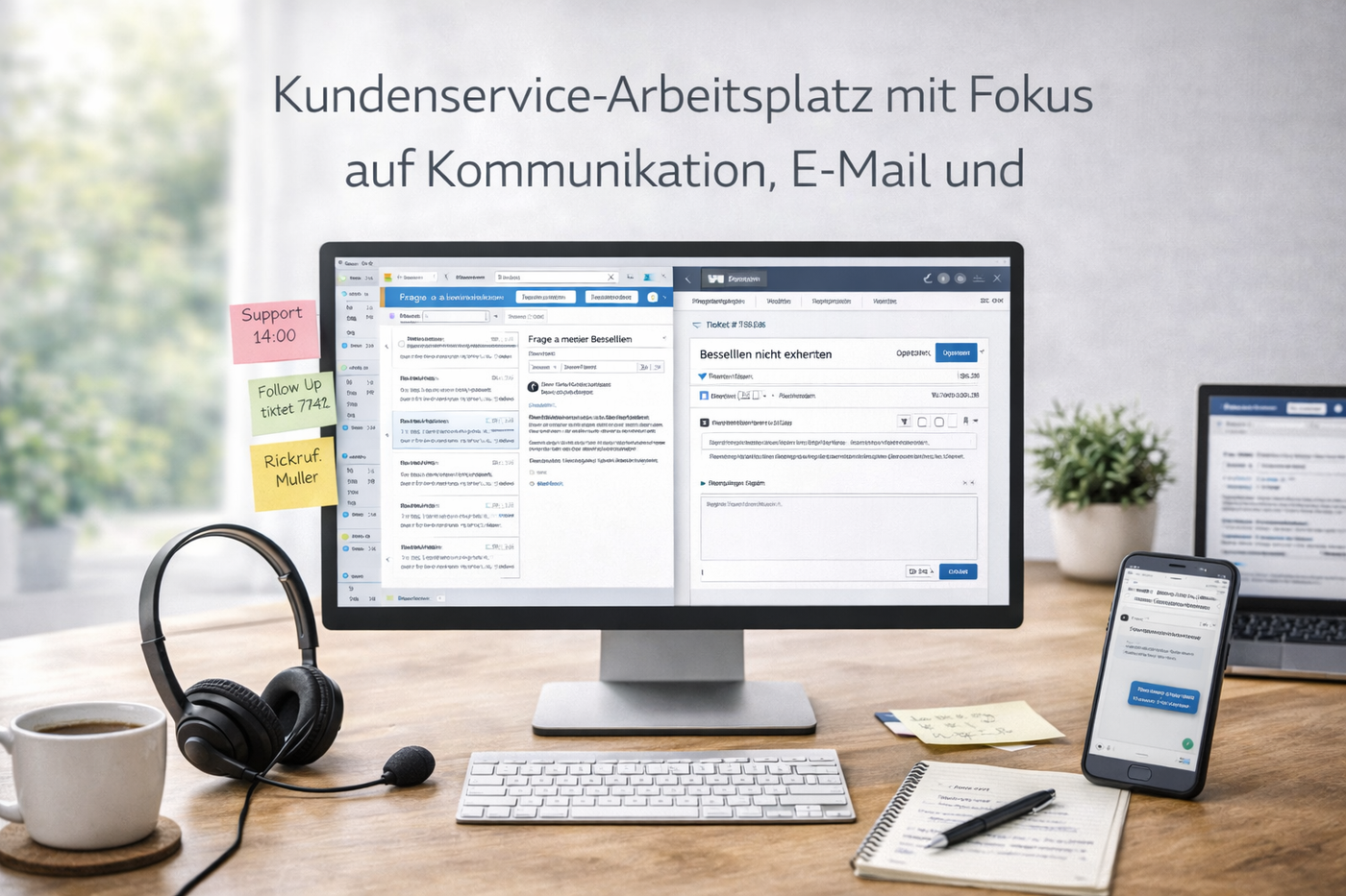Kundenservice-Arbeitsplatz mit E-Mail-Kommunikation und Support-Tools.