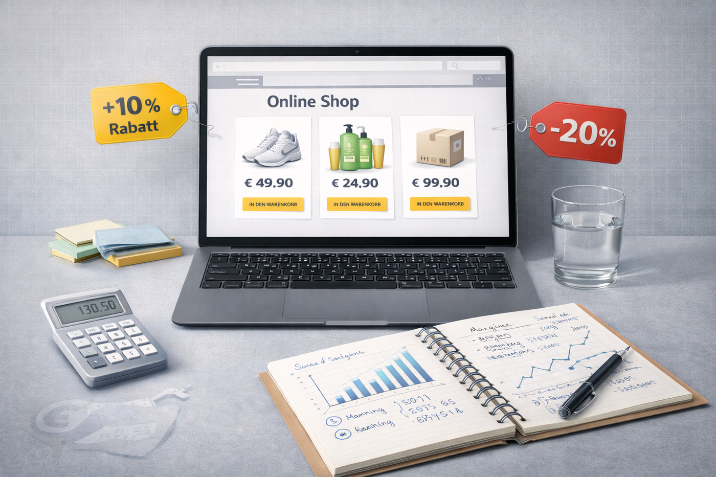 Sachlicher Online-Shop mit Preisschildern und Analyse-Notizen im Business-Kontext.