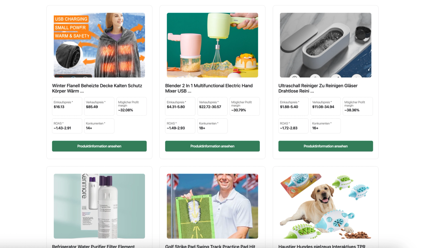 Übersicht mit Trendprodukten auf Horpion zur Produktrecherche für Dropshipping in Deutschland