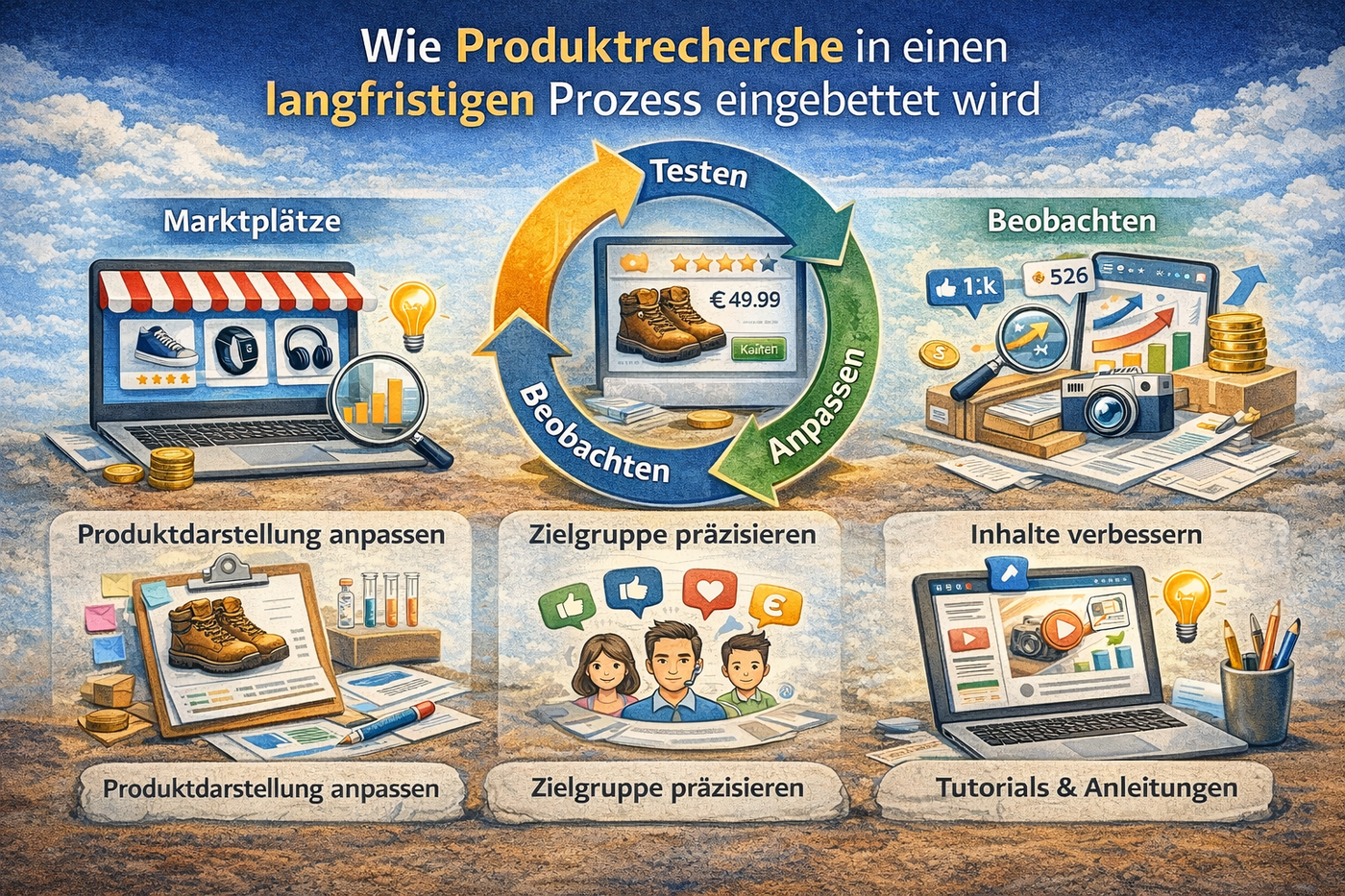 Iterativer Prozess der Produktrecherche mit Testen, Beobachten und Anpassen.