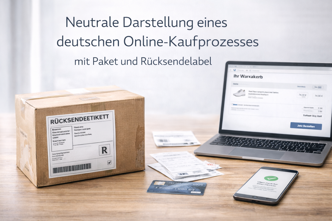 Neutraler Online-Kaufprozess in Deutschland mit Paket und Rücksendelabel.