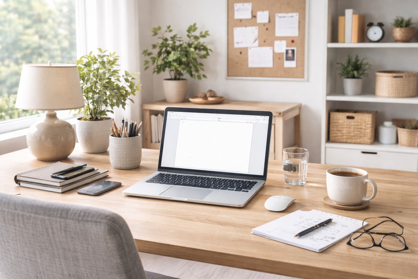 Aufgeräumter, neutraler Arbeitsplatz in ruhiger Arbeitsumgebung.