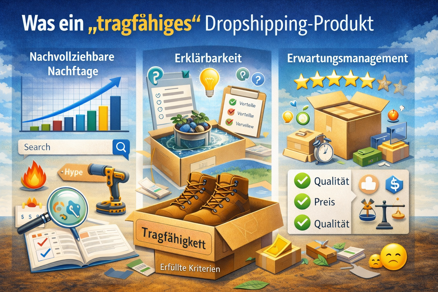 Kriterien für ein tragfähiges Dropshipping-Produkt: Nachfrage, Erklärbarkeit und Erwartungsmanagement.