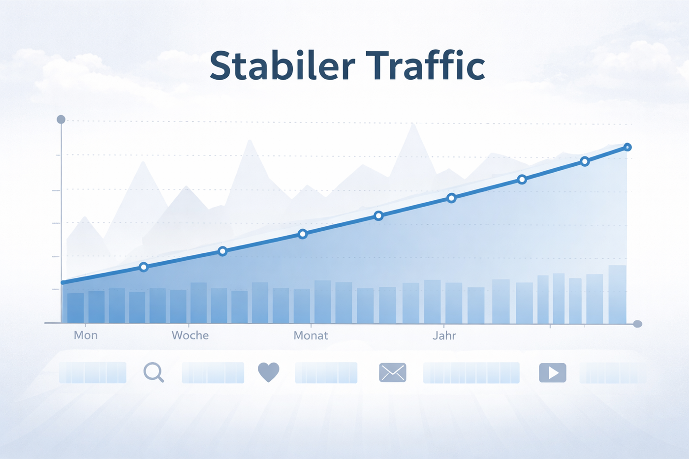 Zeitverlauf-Grafik mit gleichmäßig wachsendem Traffic ohne Peaks.
