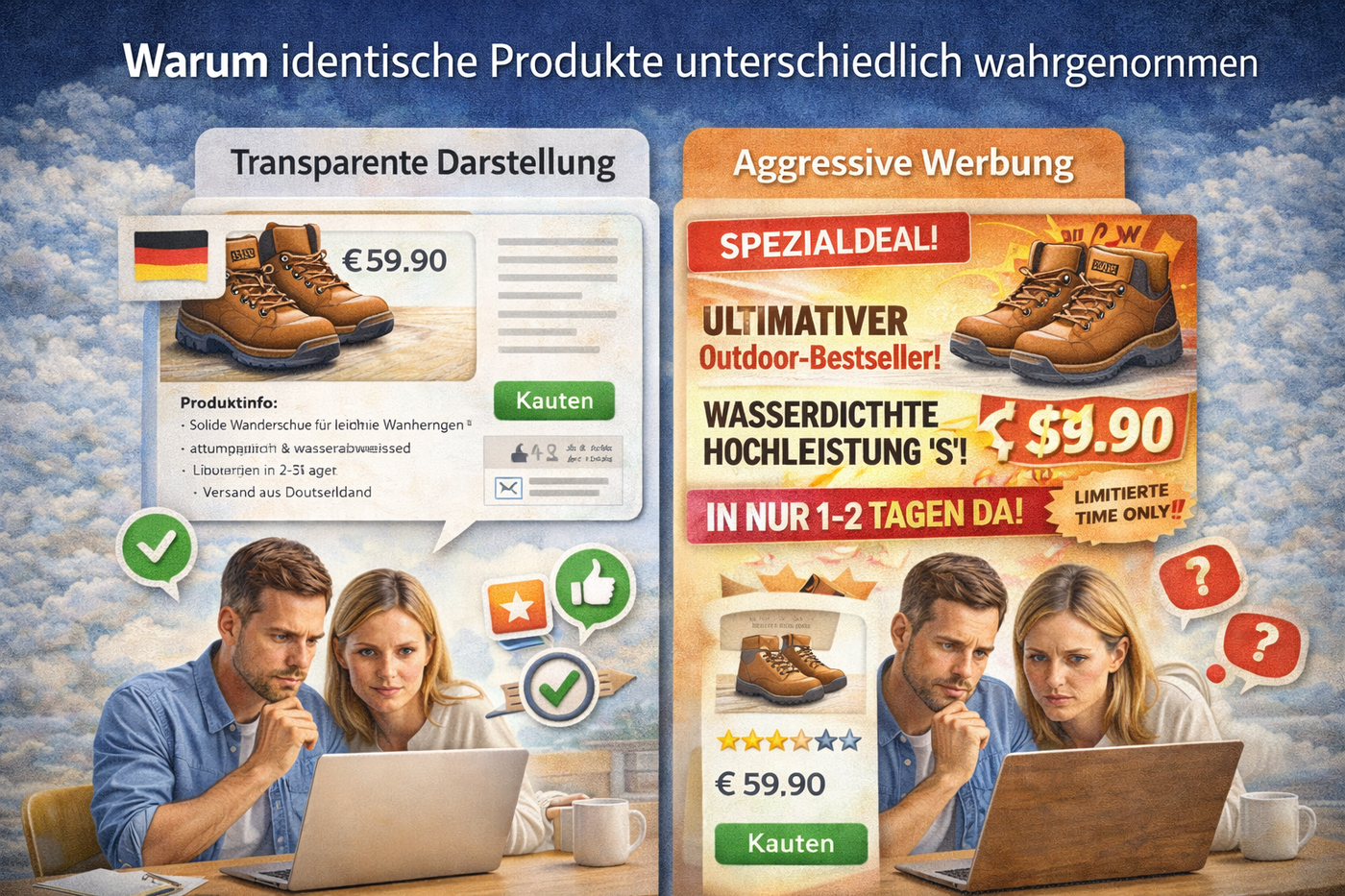 Gleiches Produkt, unterschiedliche Wahrnehmung durch transparente Darstellung und aggressive Werbung.