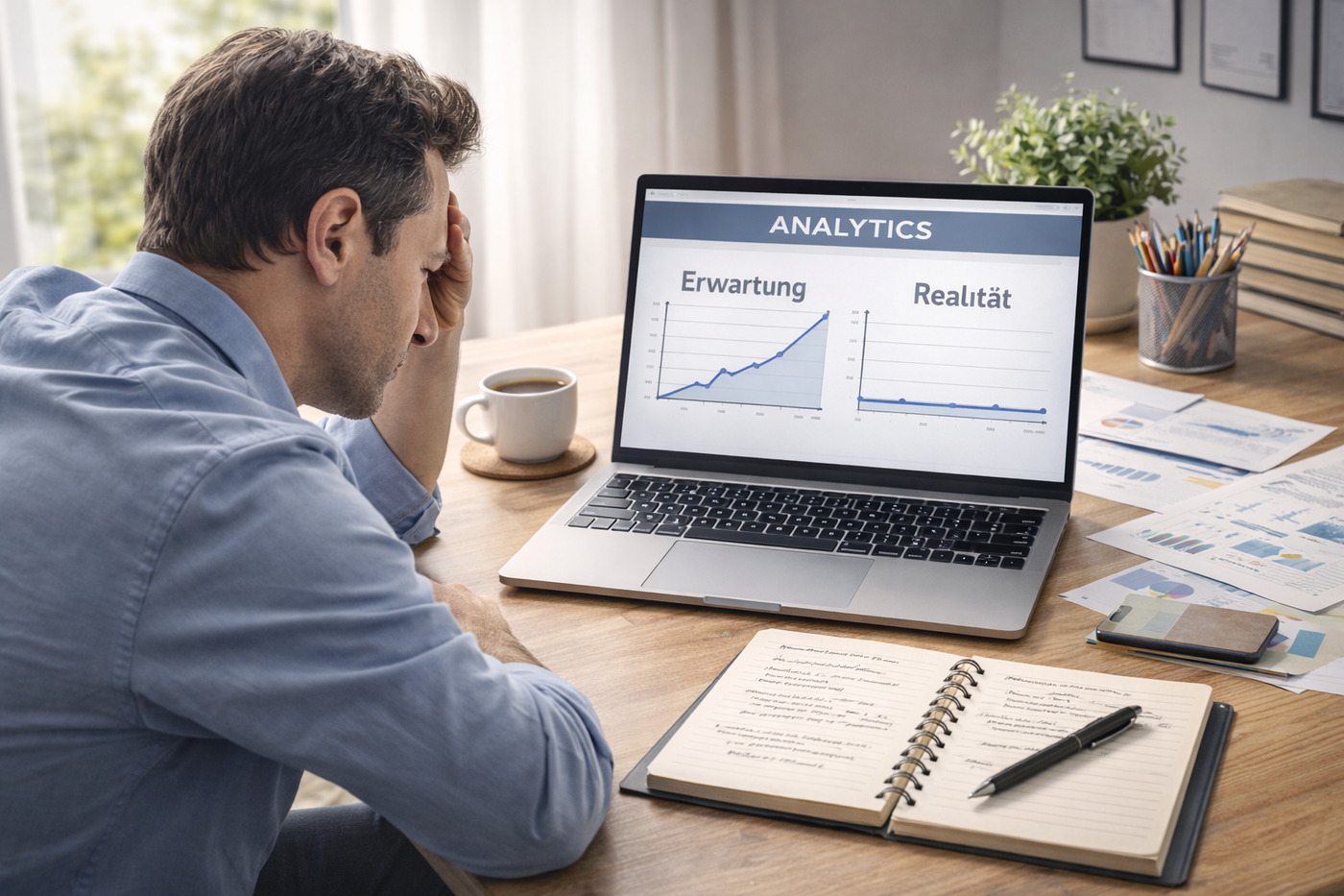 Nachdenkliche Person betrachtet Analytics mit Erwartung und Realität.