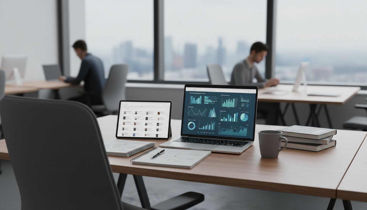 Moderner Büroarbeitsplatz mit digitalen Dashboards und Stadtblick.