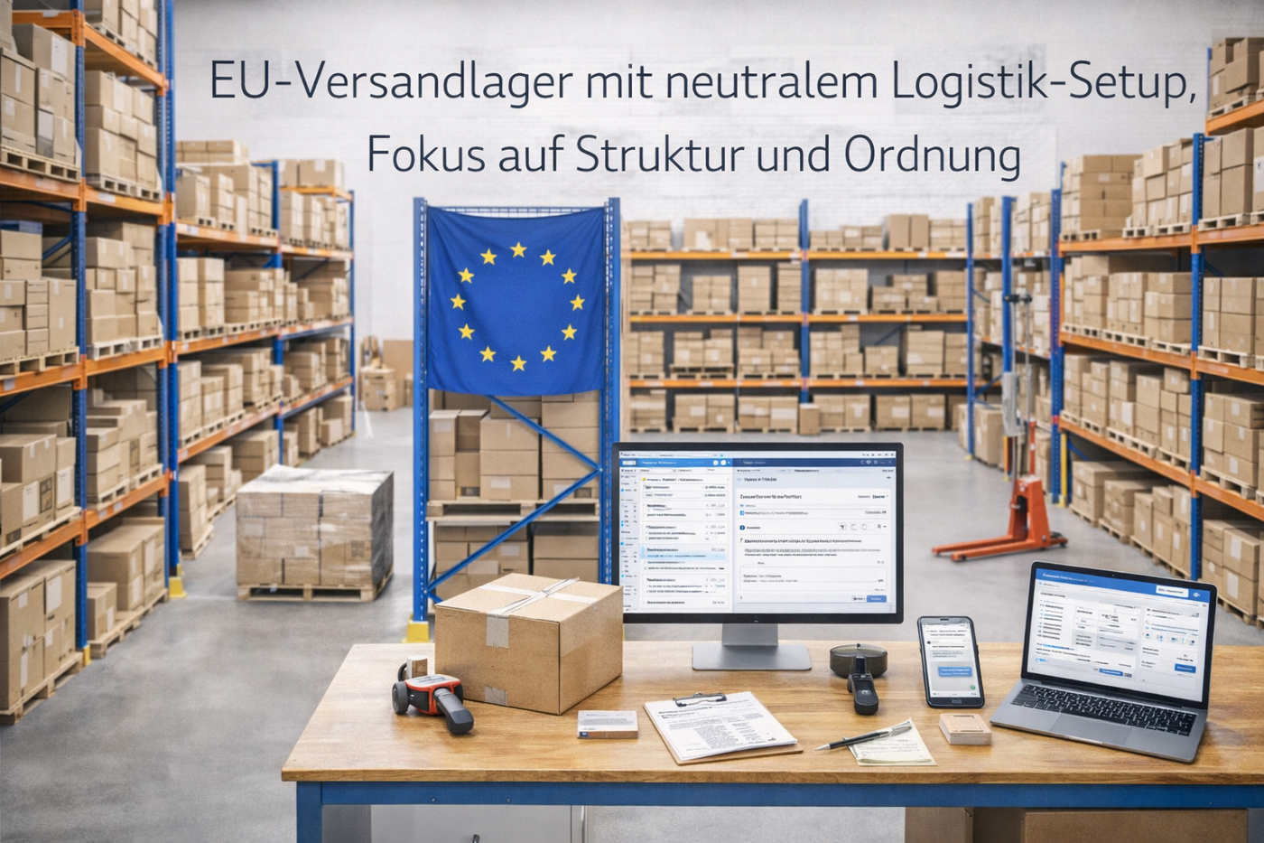 Ordentliches EU-Versandlager mit neutralem Logistik-Setup.