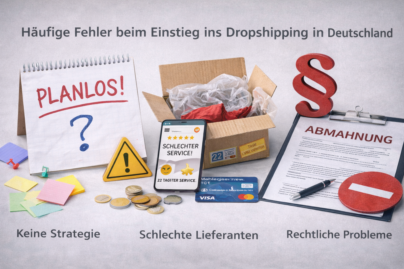 Häufige Fehler beim Dropshipping in Deutschland: fehlende Strategie, schlechte Lieferanten und rechtliche Probleme